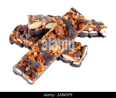 Dark chocolate and almond nut bars isolated on a white background Stock Photo
