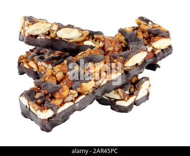 Dark chocolate and almond nut bars isolated on a white background Stock Photo