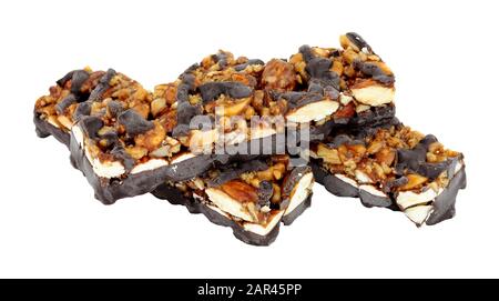 Dark chocolate and almond nut bars isolated on a white background Stock Photo