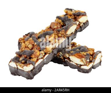 Dark chocolate and almond nut bars isolated on a white background Stock Photo