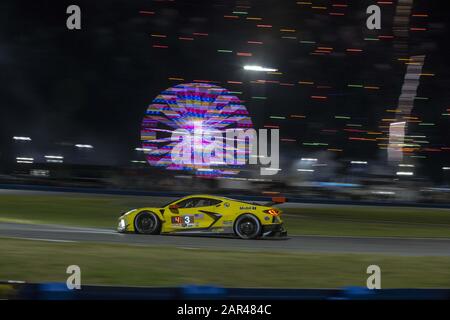 Daytona Beach, Florida, USA. 25th Jan, 2020. The Corvette Racing Corvette C8.R car races for position for the Rolex 24 At Daytona at Daytona International Speedway in Daytona Beach, Florida. (Credit Image: © Logan Arce/ASP) Stock Photo