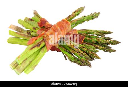 Grilled asparagus wrapped in smoked streaky bacon rashers isolated on a white background Stock Photo
