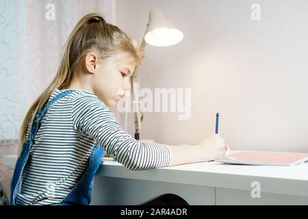 Teenager studying and doing her homework while holding pen and writing in notebook Stock Photo