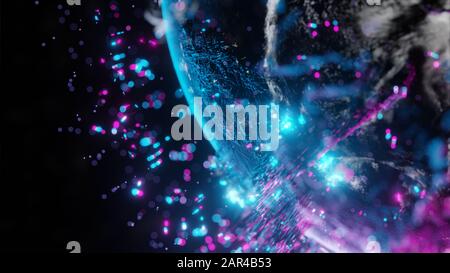 Abstract futuristic planet Earth surrounded by virtual elements. Dots, numbers and lines. Element of this image furnished by NASA. 3D rendering. Techn Stock Photo