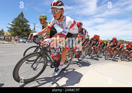Aldinga, Adelaide, Australia. 26 January 2020. Riders competing on stage 6 of the Tour Down Under cycling race as it passes through the beachfront area of Aldinga. Credit: Russell Mountford/Alamy Live News. Stock Photo