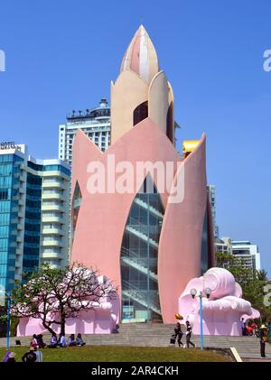 The Lotus Flower Tower at the seaside resort of Nha Trang in Vietnam, Asia, on a hot, sunny day. Stock Photo