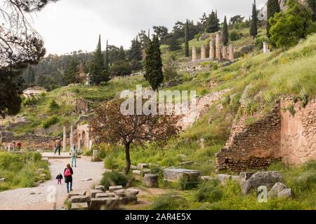 Delphi, Greece. Ruins of the buildings of the ancient Sanctuary of Apollo in Delphi Stock Photo