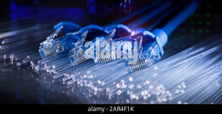 network cables with fiber optical abstract background Stock Photo