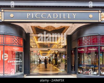 BIRMINGHAM, UK - MAY 28, 2019: Entrance to Piccadilly Shopping Arcade off New Street