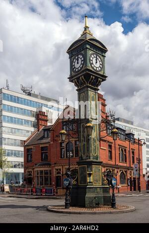 BIRMINGHAM, UK - MAY 28, 2019: The Chamberlain Clock, an Edwardian cast-iro clock tower in the Jewellery Quarter