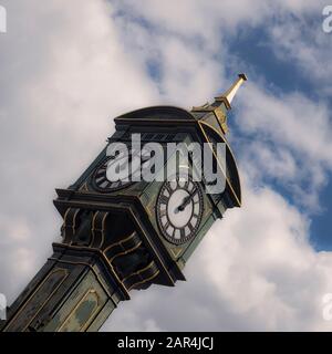 BIRMINGHAM, UK - 05/28/2019:  Close-up of the Chamberlain Clock, an Edwardian cast-iro clock tower in the Jewellery Quarter