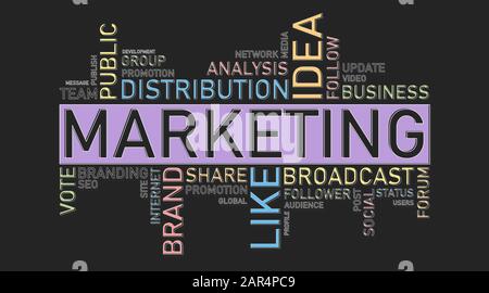 Marketing Wordcloud Collage Of Colorful Words Over Black Background, Panorama Stock Photo