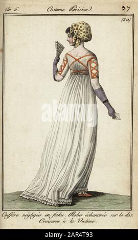Woman in victim-style criss-cross ribbon dress, 1798. She holds a