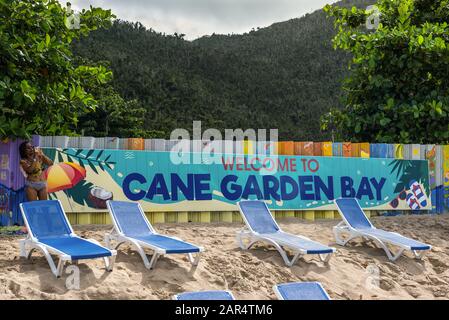Cane Garden Bay, Tortola, British Virgin Islands - December 16, 2018: Welcome sign 'Welcome to Cane Garden Bay' in poster on Cane Garden Bay in the Ca Stock Photo