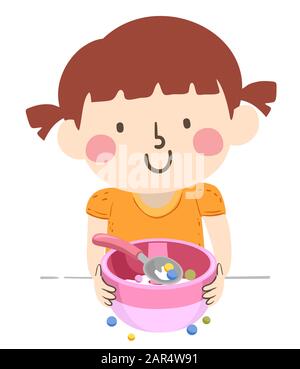 Illustration of a Kid Girl Fixing a Bowl of Cereal with Spoon and Spilled Cereals on Table Stock Photo