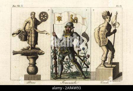 Ancient Germanic deities: Irmensula, god of the Saxons and Westphalians depicted in medieval armour 1, Crodo or Cronus (Saturn) with spear and shield 2, and Prono or Brennus, god of the Germans with wheel and fish 3. Handcoloured copperplate engraving by Migliavacca from Giulio Ferrario’s Costumes Ancient and Modern of the Peoples of the World, Il Costume Antico e Moderno, Florence, 1844. Stock Photo