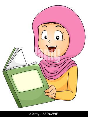 Illustration of a Muslim Kid Girl Student Wearing Hijab and Reading a Book Stock Photo