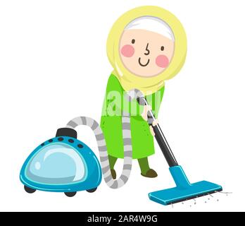 Illustration of a Muslim Kid Girl Wearing Hijab and Vacuuming Floor as Part of Her Household Chores Stock Photo