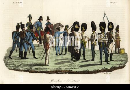 Grenadiers and chasseurs in the German Imperial Army, 19th century. Granatieri e Cacciatori. Handcoloured copperplate engraving by Antonio Verico from Giulio Ferrario’s Costumes Ancient and Modern of the Peoples of the World, Il Costume Antico e Moderno, Florence, 1844. Stock Photo