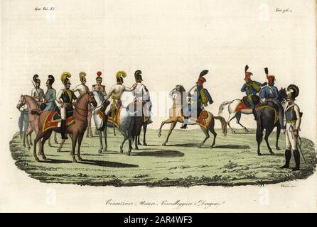 Cuirassiers, hussars and dragoons or heavy cavalry of the (German or Holy Roman Empire) Imperial Army, 19th century.. Corrazzieri, Ussari, Cavalleggieri e Dragoni. Handcoloured copperplate engraving by Antonio Verico from Giulio Ferrario’s Costumes Ancient and Modern of the Peoples of the World, Il Costume Antico e Moderno, Florence, 1844. Stock Photo