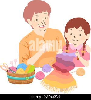 Illustration of a Senior Woman Teaching a Kid Girl Crochet, a Basket of Yarn, Scissors and Hooks on the Table Stock Photo