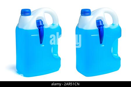 Car chemistry liquid in a canister. Winter window cleaner in blue isolated on a white background. Stock Photo