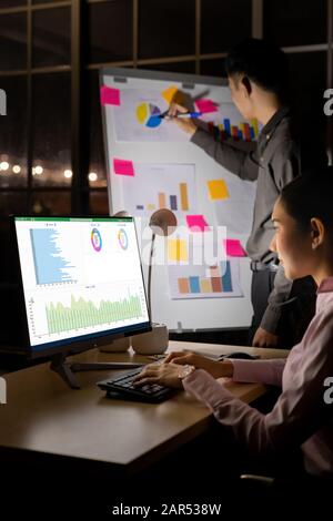 Young adult asian businessman dicuss with collegue about work with analysis graph on white board late at night in their office with desktop computer. Stock Photo