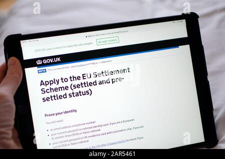 Gibraltar 23 January 2020: The application page on the Goverment website showing how to apply for Settled status in the UK Stock Photo