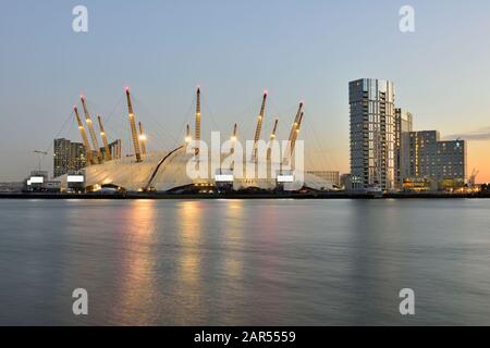 O2 Arena entertainment complex alongside the Arora Tower and Intercontinental Hotel, Greenwich Peninsula, London SE10, United Kingdom Stock Photo