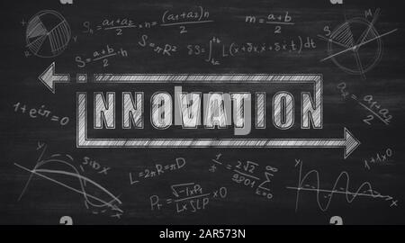 Innovation Conceptual Collage With Formulas Over Black Background, Panorama Stock Photo