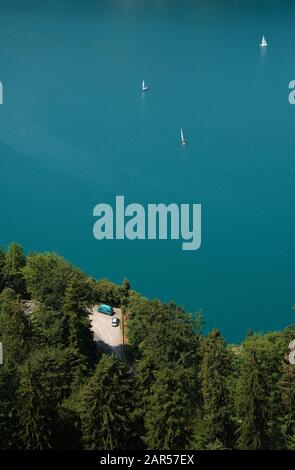 Swiss Alps lake and trees summer landscape aerial overhead view of Lake Lucerne with sailing yachts and a camper van, Schwyz, Switzerland EU Stock Photo