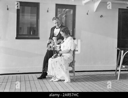 Sea voyage with MS Johan van Oldenbarnevelt to Norway  The couple Van Strien with two sailors dolls Date: 1933 Location: Norway Keywords: cruises, cruise ships, sailors, dolls, travelers, ships, tourism Personal name: Strien,? by Stock Photo