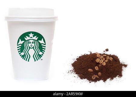 NEW YORK - OCT 27: Starbucks Paper Cup. Starbucks Coffee with Logo Mermaid isolated on white Background in NY on October 27. 2019 in USA Stock Photo