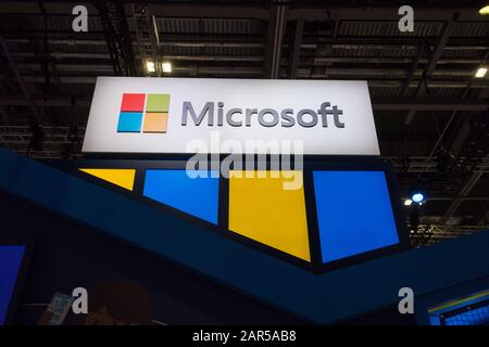 Microsoft signage at the British Educational Technology Trade Show (BETT) at the Excel Centre, London, UK Stock Photo