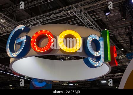 Google signage at the British Educational Technology Trade Show (BETT) at the Excel Centre, London, UK Stock Photo