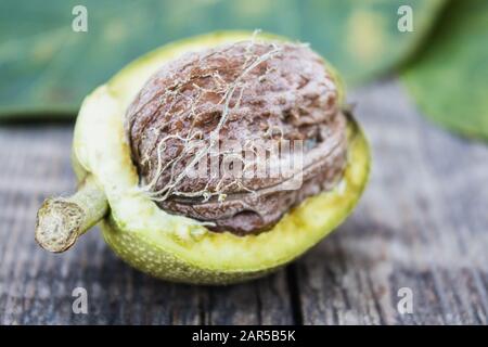 Fresh walnuts in a green shell on an old wooden table. Nuts in green shells. Harvest walnuts. Stock Photo
