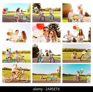 Collage of happy couple in love riding bicycle with balloons Stock Photo