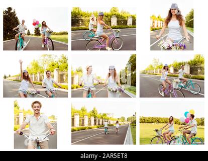 Collage of happy man and woman riding bicycle at holiday Stock Photo