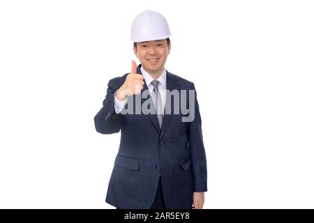 Asian middle-aged businessman making hand gestures on a white background. Stock Photo