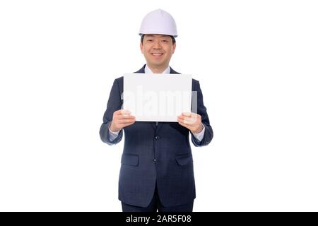 Portrait of Asian businessman holding blank message board. Stock Photo
