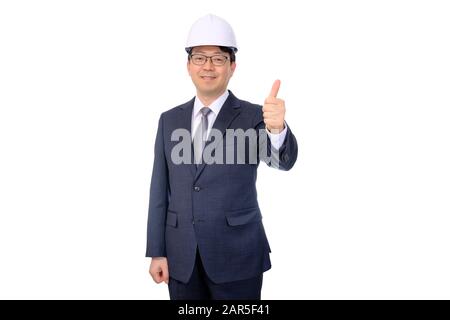 Asian middle-aged businessman making hand gestures on a white background. Stock Photo