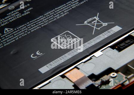 Li ion battery in an old Android tablet Stock Photo
