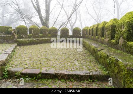Moss covered walls of the Moorish Castle (Castle of Moors) on a foggy, misty day in Sintra Portugal Stock Photo