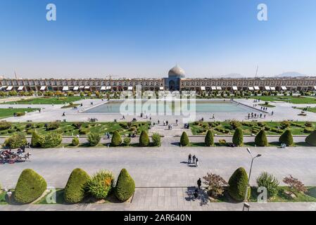 Aerial view on Naqsh-e Jahan Square (Imam Square, formlerly Shah Square) with Sheikh Lotfollah Mosque in centre of Isfahan in Iran Stock Photo