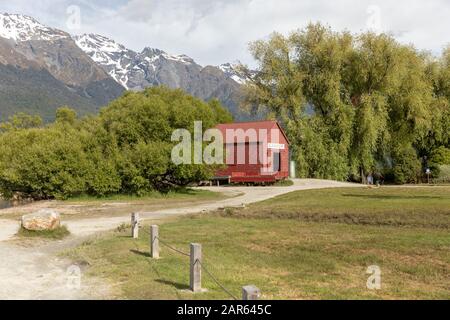 The red boat shed of Glenorchy, New Zealand in summer