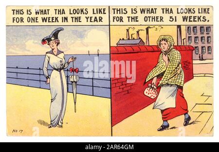Early 1900's comic postcard of mill worker wearing a fashionable 'hobble' skirt in one picture and poor work wear in another, making the most of her annual holiday or Wakes Week as it was known, before going back to the grim daily grind of the workplace Lancashire, England, U.K. Circa 1911.