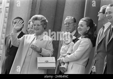 Queen Juliana turns 60 years  Queen Juliana is 60 years old. From l.n.r. Queen Juliana waving, Prince Bernhard, Princess Margriet with Prince Maurits on the arm and Pieter van Vollenhoven Date: 30 April 1969 Keywords: QUEEN DAG Personal name: Bernhard (prince Netherlands), Juliana (queen Netherlands), Margriet, princess, Maurits, prince, Vollenhoven, Pieter from Stock Photo