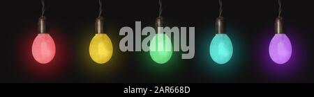 the banner of five multi-colored bulbs in the form of eggs. red, yellow, green, blue, purple. concept, light, ideas, easter Stock Photo
