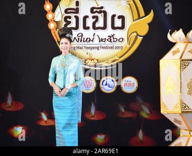 Thai woman participates in a beauty pageant during Yee Peng festival in Chiang Mai , Thailand Stock Photo