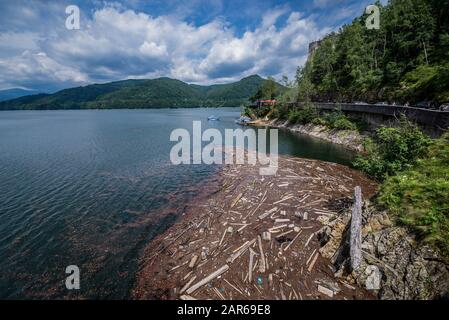Vidaru Lake seen from Vidraru Dam - Romanian dam completed in 1966 on the Arges River Stock Photo